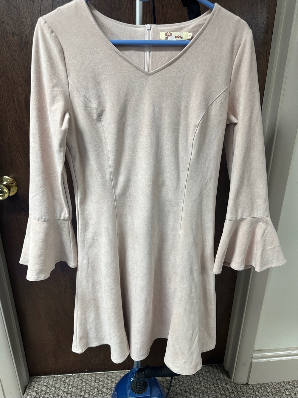 Women's Long Sleeve V-Neck Flare Dress in Light Beige